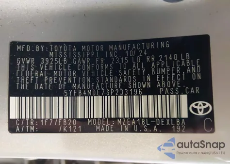 2025 Toyota Corolla Le from USA, damaged, VIN 5YFB4MDE7SP233196